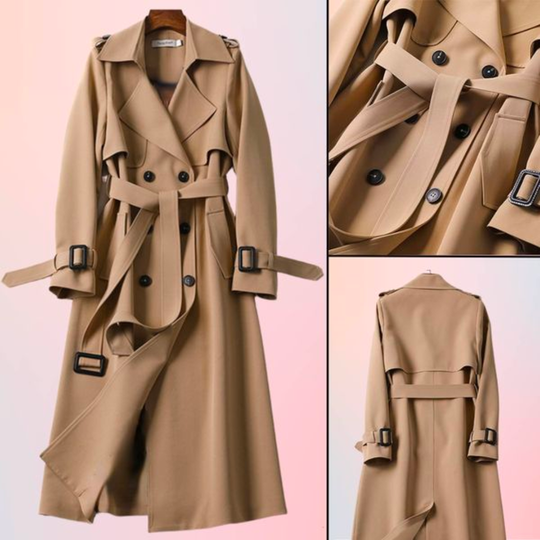 Tijdloze dames trenchcoat, double-breasted met dubbele knopen. Een chique, getailleerde tussenjas voor vrouwen.