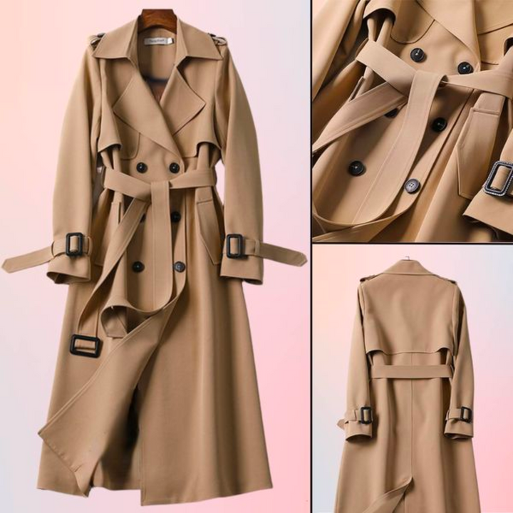 Tijdloze dames trenchcoat, double-breasted met dubbele knopen. Een chique, getailleerde tussenjas voor vrouwen.