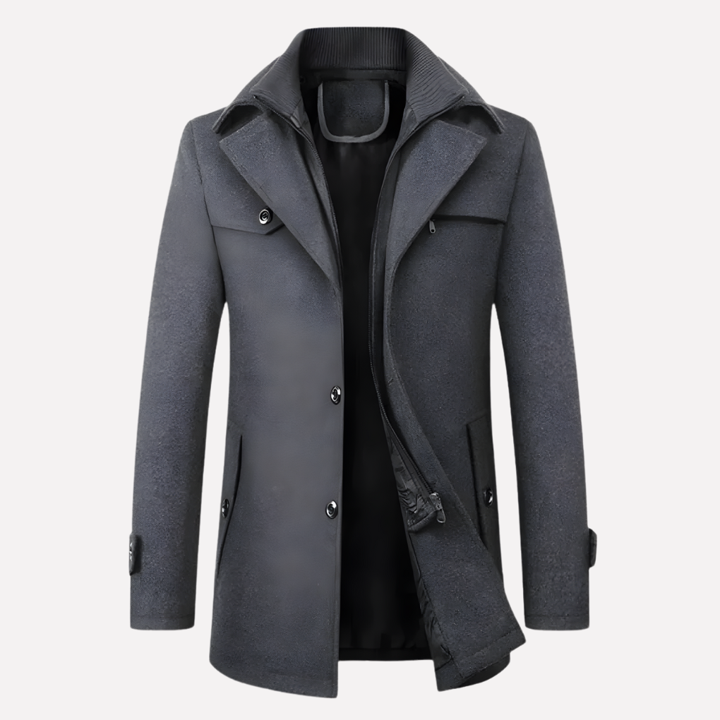 Stijlvolle heren wolmix cappotto met klassieke snit en knopsluiting, perfect voor een warme en chique look.