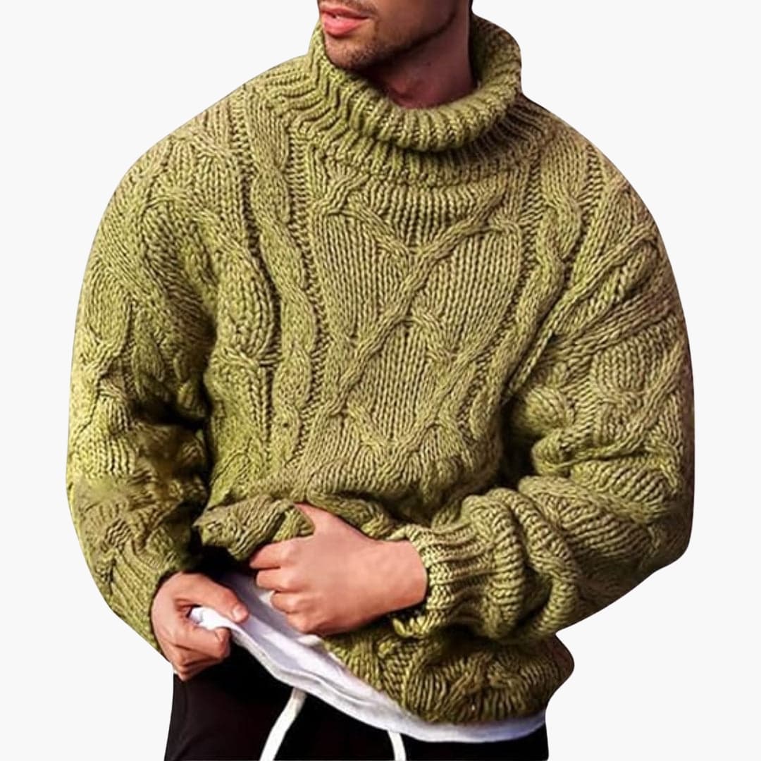 Gedetailleerde close-up van een klassieke kabel gebreide herentrui. Comfortabele en modieuze winterpullover.