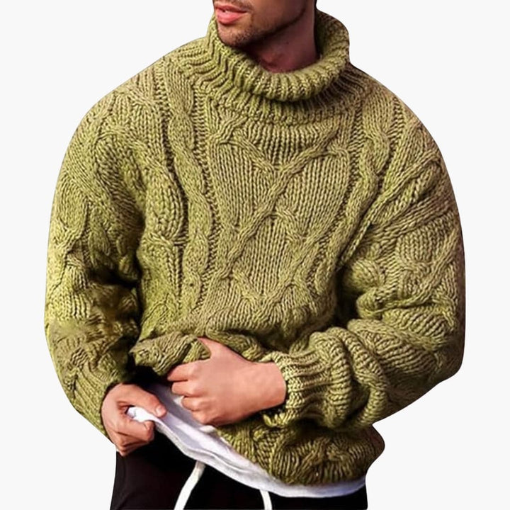 Gedetailleerde close-up van een klassieke kabel gebreide herentrui. Comfortabele en modieuze winterpullover.