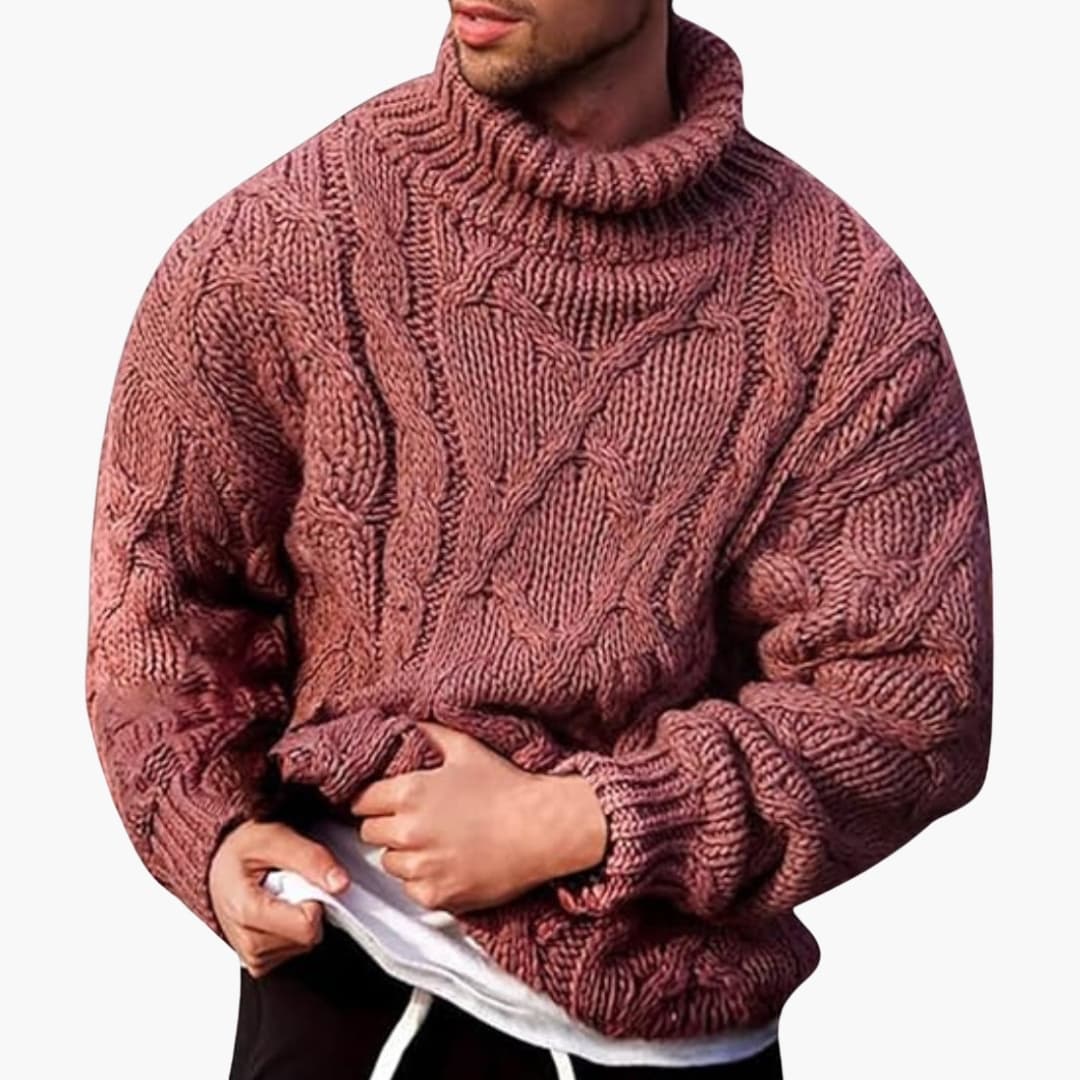 Tijdloze heren pullover met kabelmotief en coltrui. Essentiële gebreide winterkleding voor een casual look.