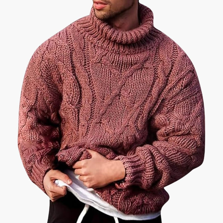 Tijdloze heren pullover met kabelmotief en coltrui. Essentiële gebreide winterkleding voor een casual look.