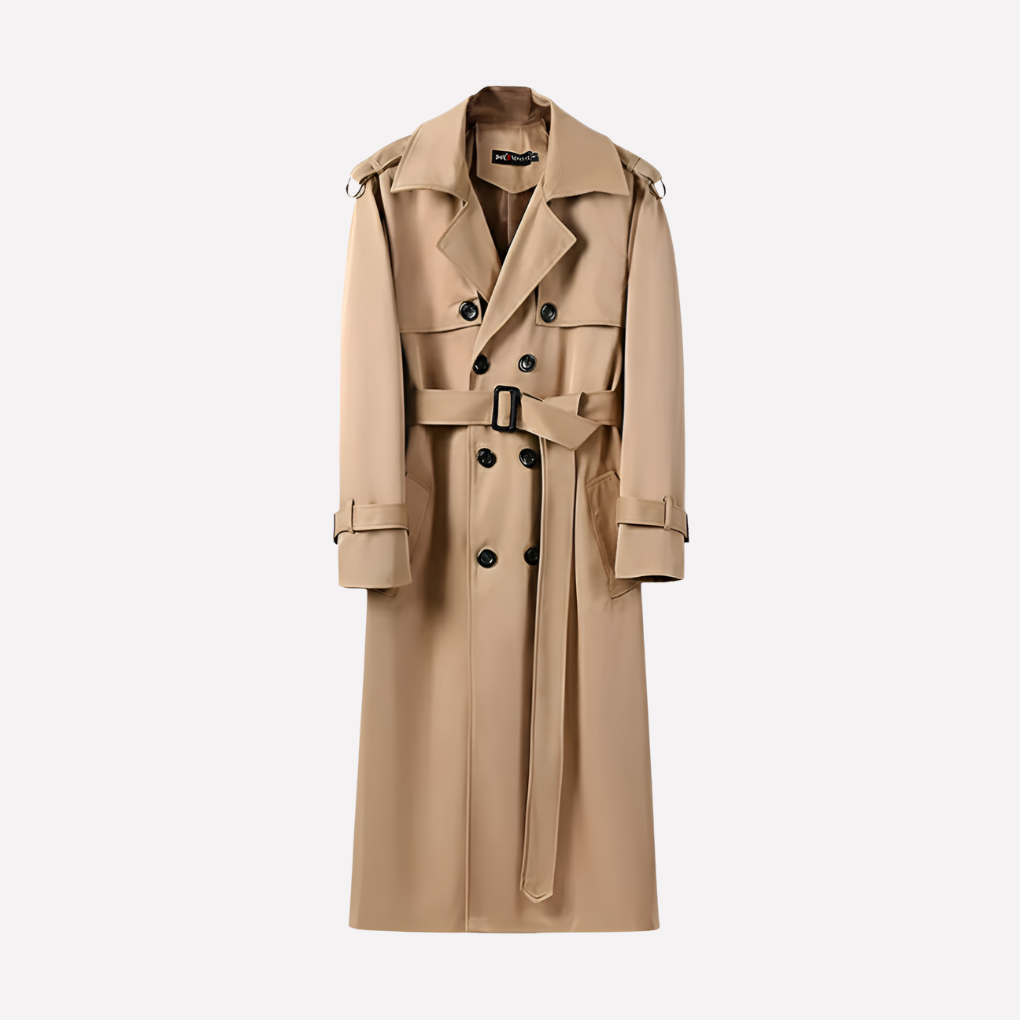 Klassieke heren over de knie trenchcoat met knoopsluiting, ideaal voor zakelijke en casual chic looks in herfst/winter.