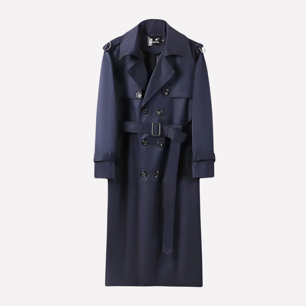 Stijlvolle heren over de knie trenchcoat in khaki, marineblauw of zwart. Veelzijdige mantel voor herenkleding.