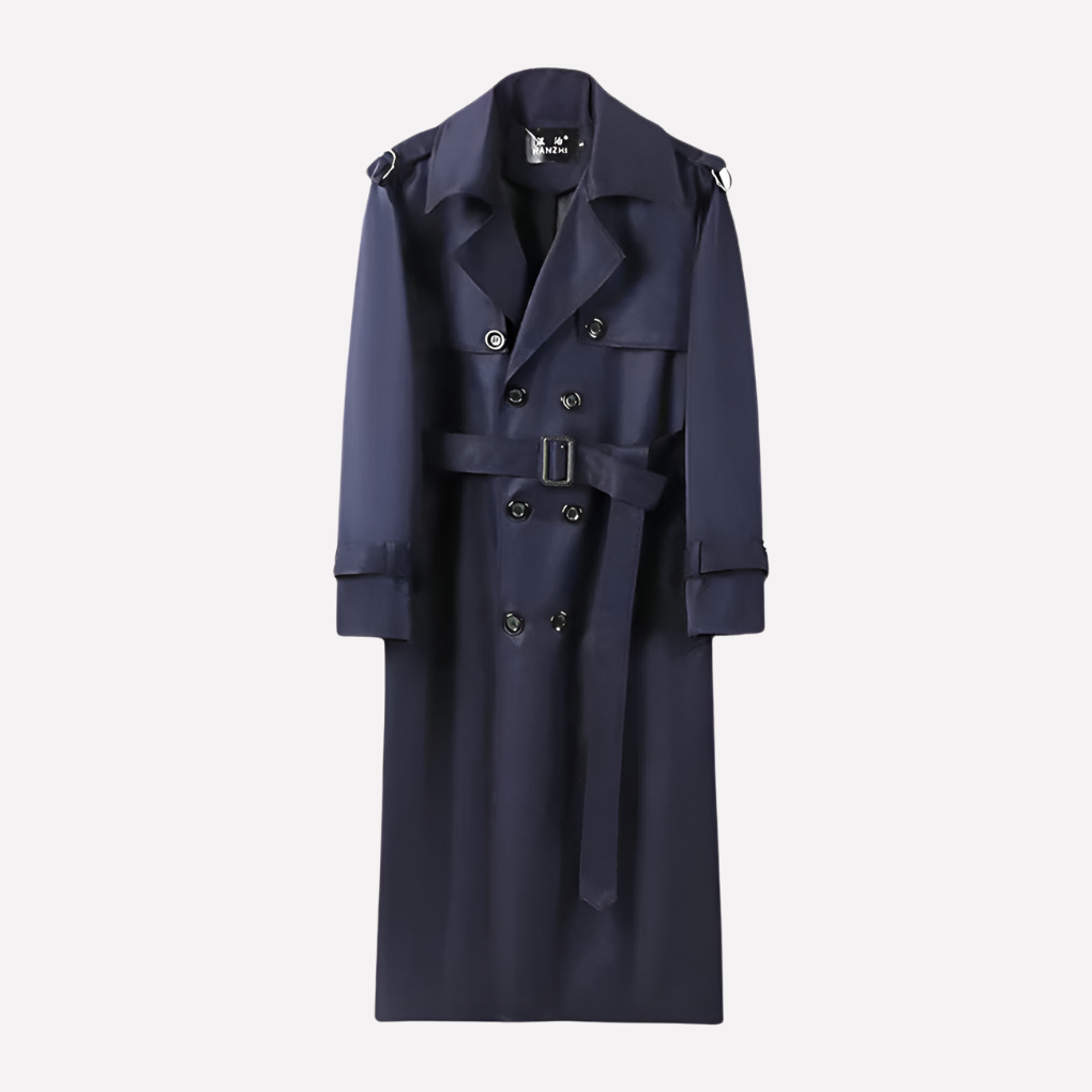 Stijlvolle heren over de knie trenchcoat in khaki, marineblauw of zwart. Veelzijdige mantel voor herenkleding.