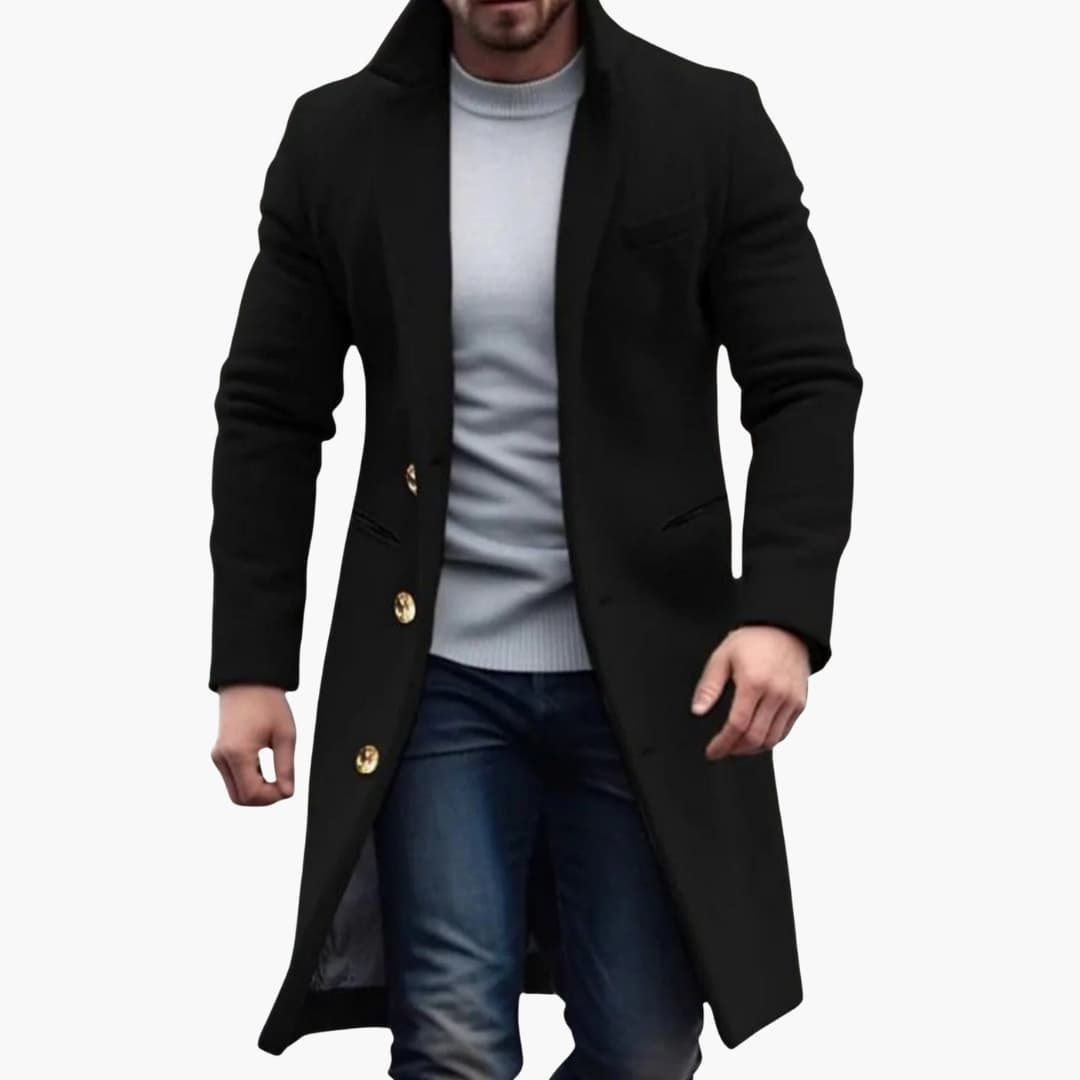 Klassieke lange herenjas met elegante knoopsluiting en reverskraag, perfect voor winterse herenmode.