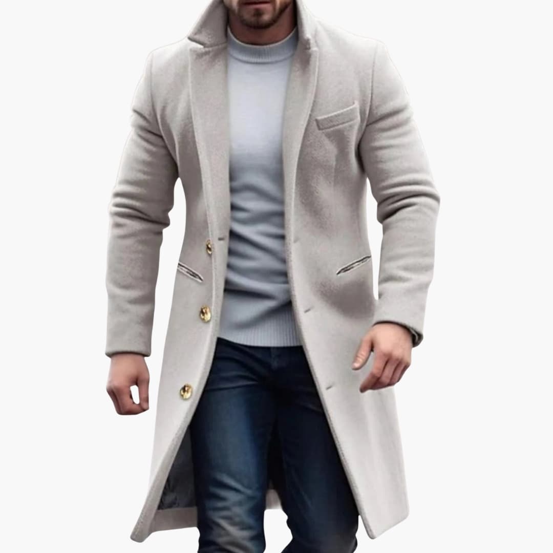 Stijlvolle klassieke lange herenjas met knoopsluiting en reverskraag, perfecte elegante buitenkleding voor mannen.