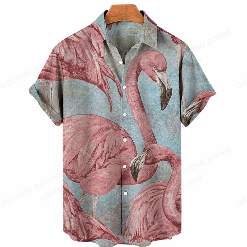 Kleurrijk heren Hawaiiaans overhemd met levendige 3D flamingo print, perfect voor zomer en strand.