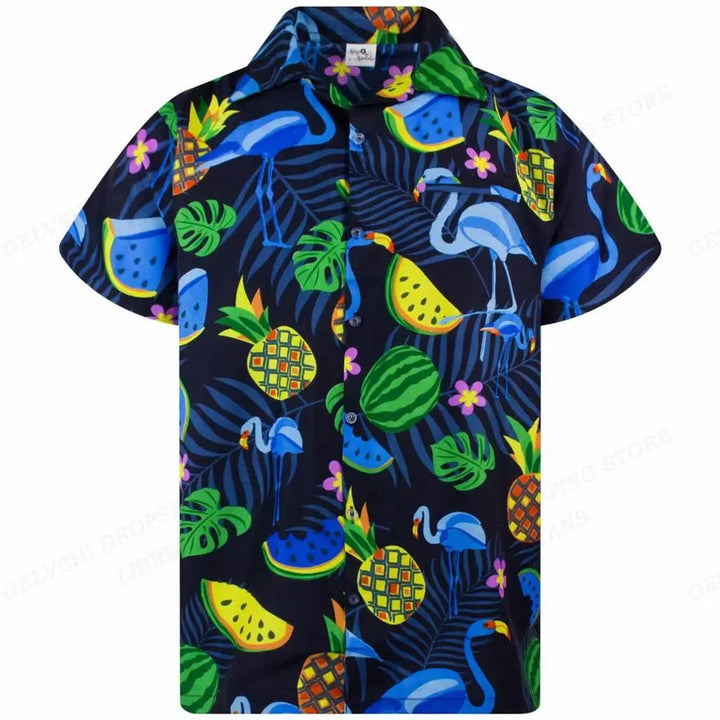 Hoogwaardig heren overhemd met scherpe flamingo print en levendige kleuren, ideaal voor zomerkleding.