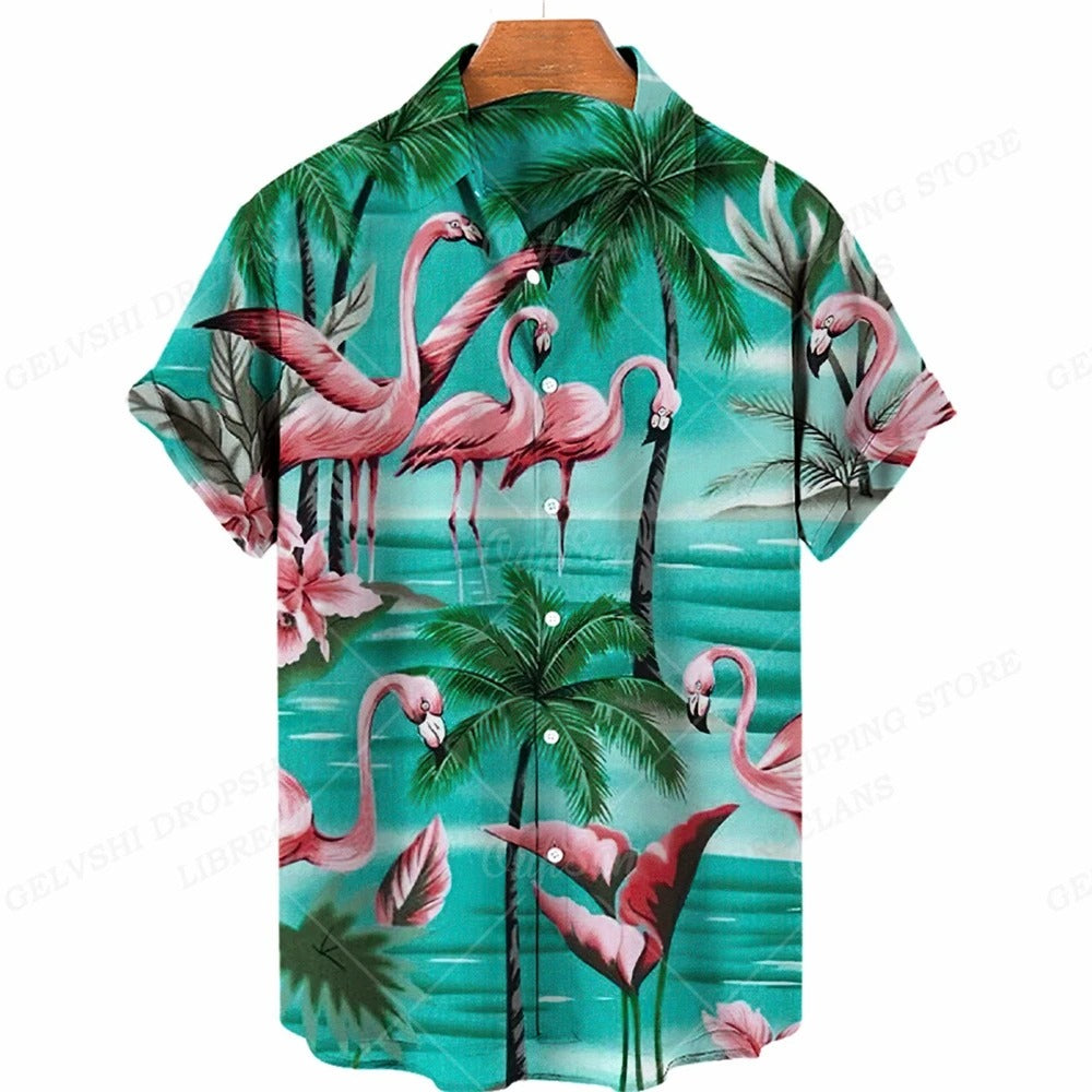 Comfortabel heren overhemd met korte mouwen en opvallende flamingo print, ideaal voor casual zomerlooks.