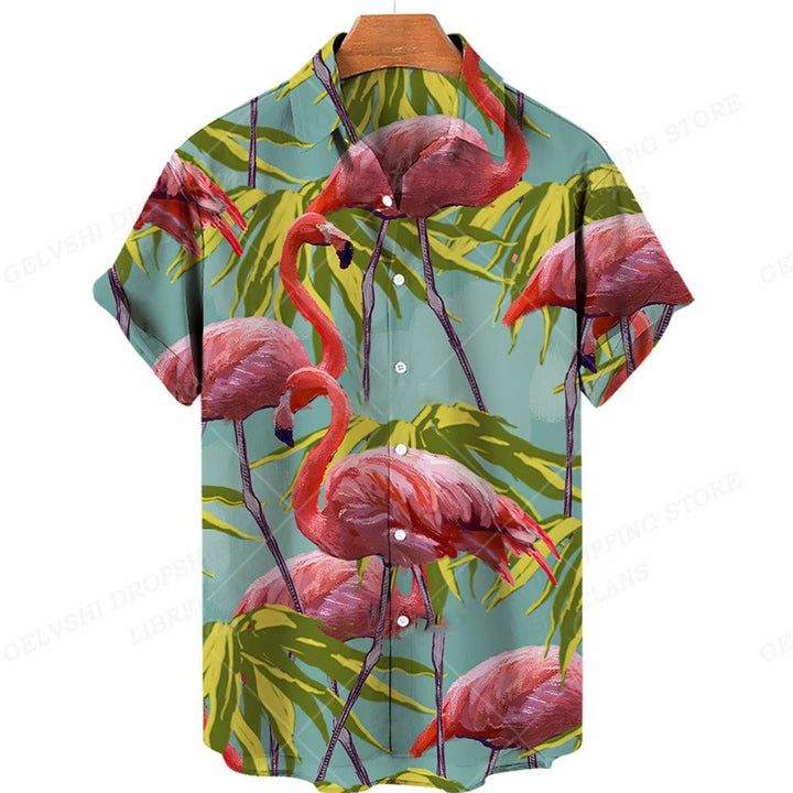 Trendy heren flamingo overhemd voor vakantie, strandfeesten en zomerse casual gelegenheden.
