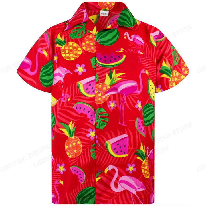 Lichtgewicht heren overhemd met korte mouw en vrolijke flamingo print, ideaal als strandkleding.