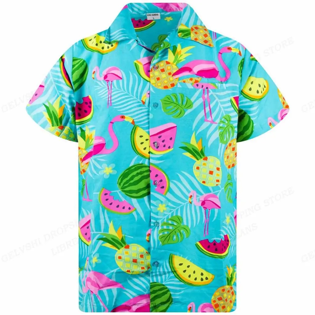 Levendig heren zomer overhemd met dynamische flamingo print, voegt kleur toe aan elke casual outfit.