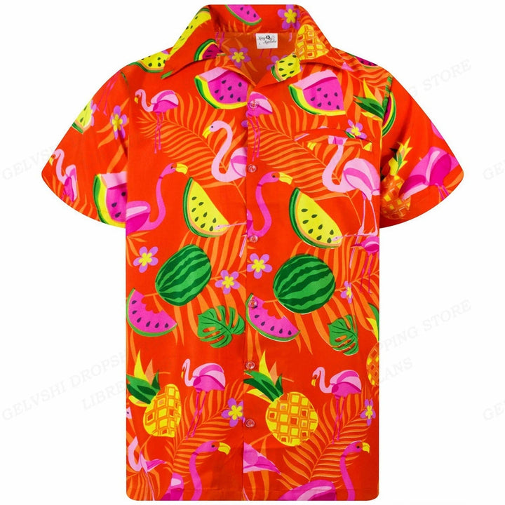 Authentiek Hawaiiaans heren overhemd met opvallende 3D flamingo print, geschikt voor feestjes en zomerse dagen.