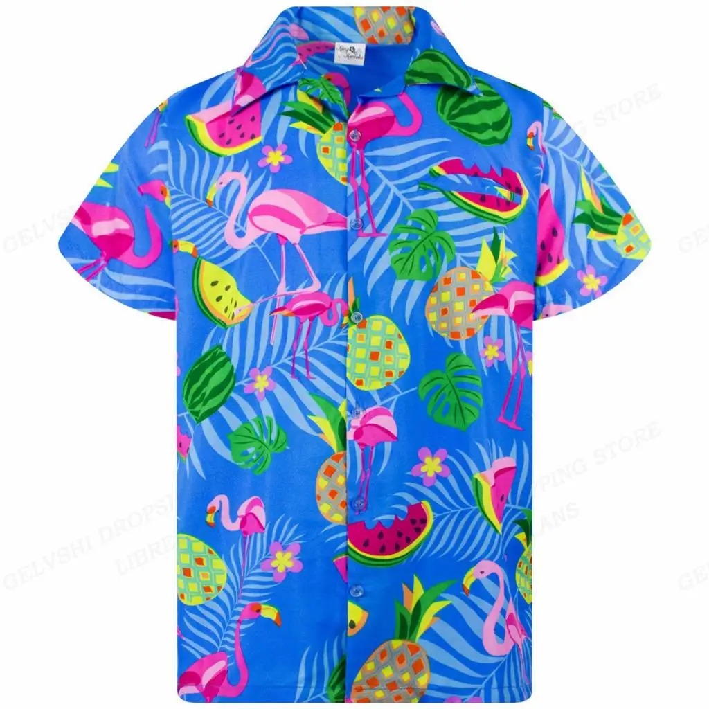 Casual heren overhemd met korte mouw en feestelijke flamingo print, perfect voor strand of informele bijeenkomsten.