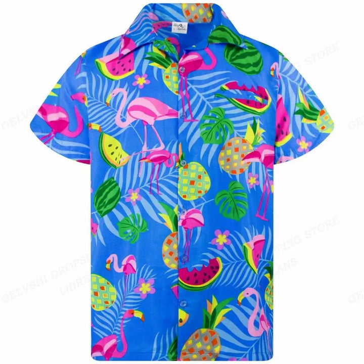 Casual heren overhemd met korte mouw en feestelijke flamingo print, perfect voor strand of informele bijeenkomsten.