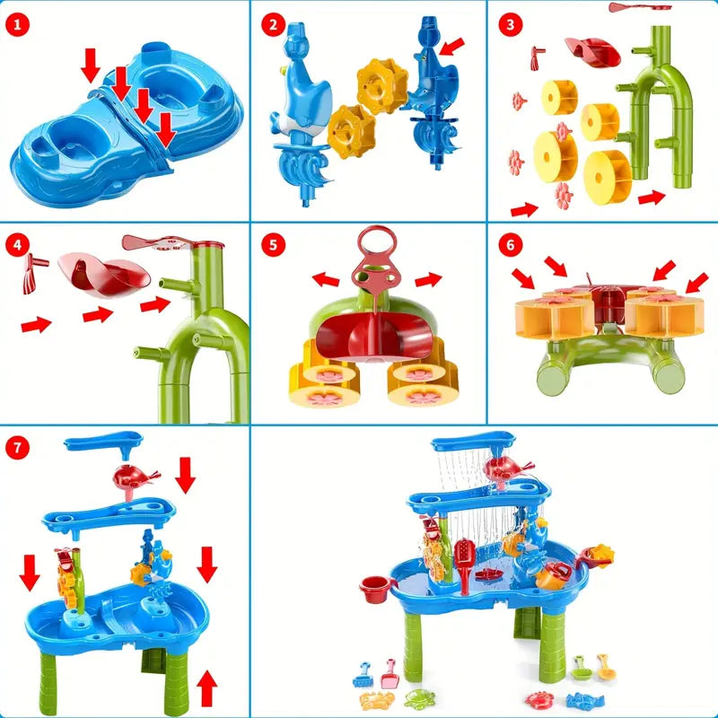 Een kind gebruikt de schep om zand in een van de lagen van de zand- en watertafel te scheppen.
