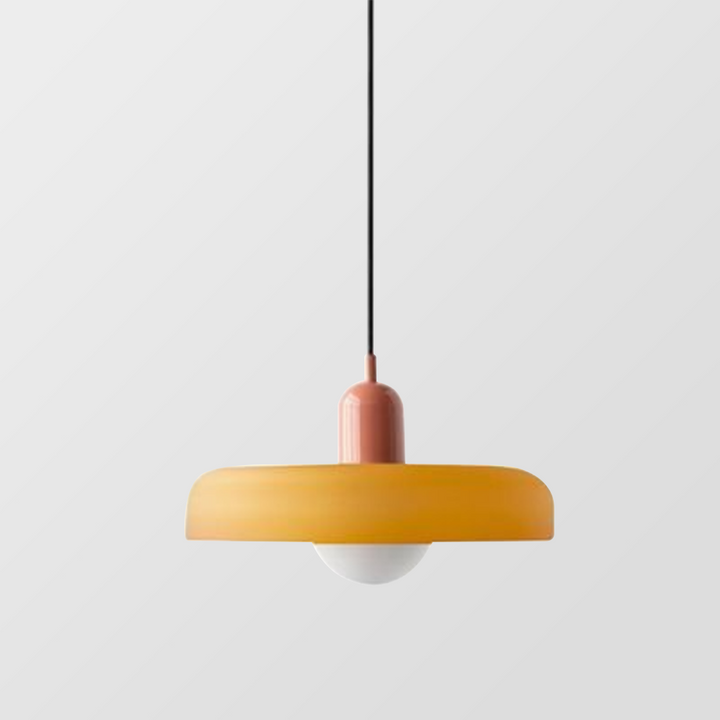 Design glazen hanglamp, kleurrijk en in Bauhaus stijl, ideaal voor interieur verlichting.