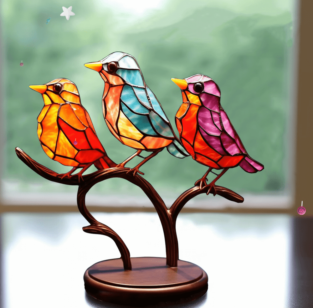Handgemaakte glas-in-lood-look vogeldecoratie, brengt kleur en sfeer aan elk raam of vensterbank.