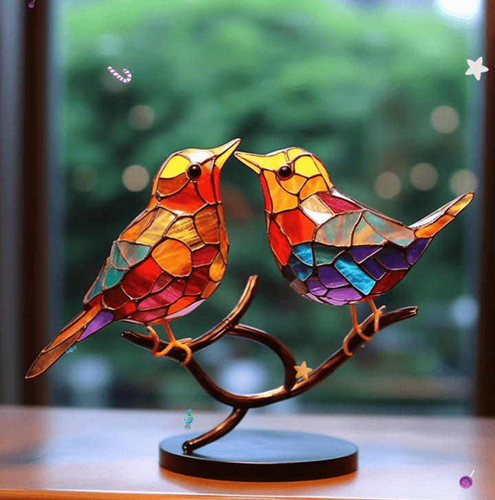 Sfeervolle glas-in-lood-look vogels voor het raam, charmante vogeldecoratie die elk interieur verfraait.
