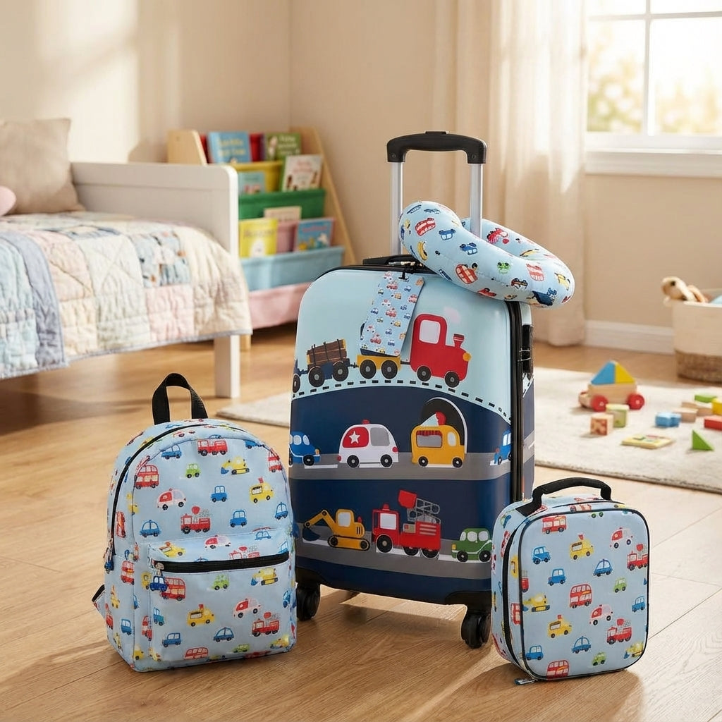 Kleurrijke Traveltot kinder reisset (5-delig) met koffer, rugzak, lunchtas, nekkussen & label voor zorgeloos reizen.