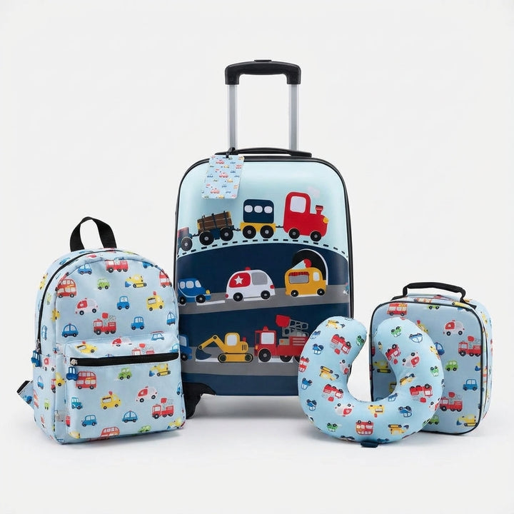 Vijfdelige Traveltot kinder reisset in stoer auto design; perfecte kinderkoffer, rugzak & lunchtas voor vakantie.