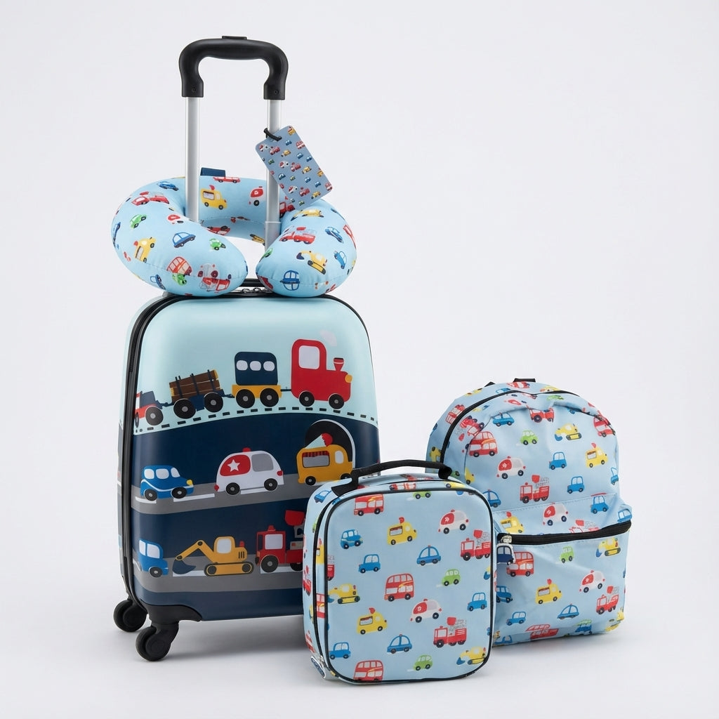 Complete 5-delige kinder reisset met koffer, rugzak, lunchtas, nekkussen & bagagelabel; ideaal voor kinder bagage.