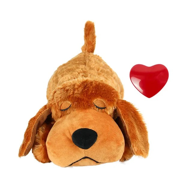 KnuffelBuddy hondenspeeltje helpt bij vuurwerkangst door kalmerende hartslag en zacht pluche comfort.