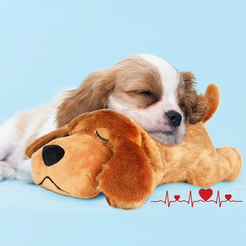 Bange hond knuffelt met KnuffelBuddy hondenspeeltje, ervaart kalmte en comfort bij verlatingsangst.