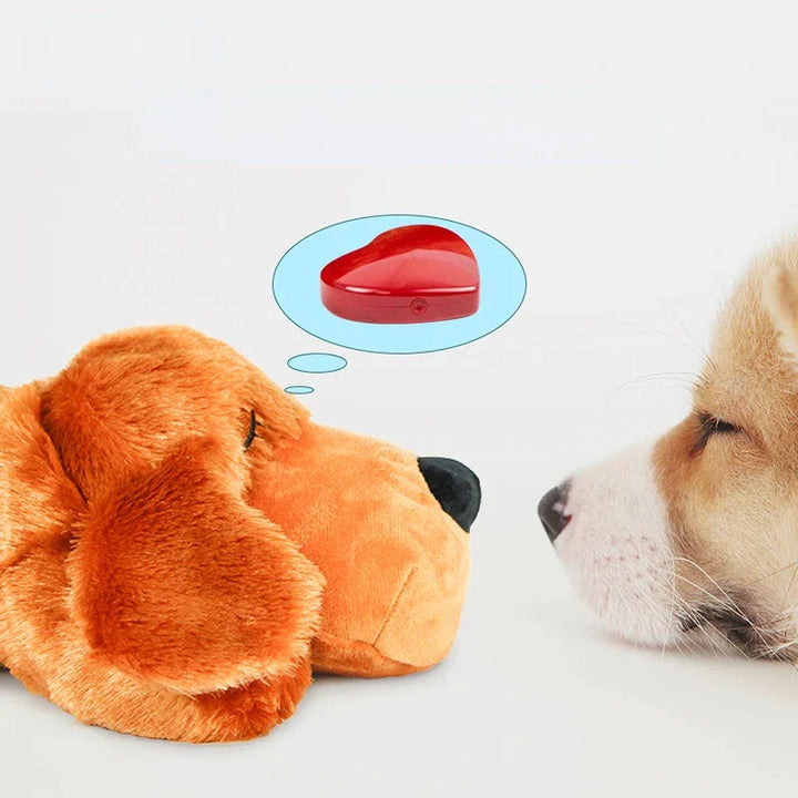 Vredige hond met KnuffelBuddy angstvermindering hondenspeeltje, helpt bij stress en biedt diepe ontspanning.