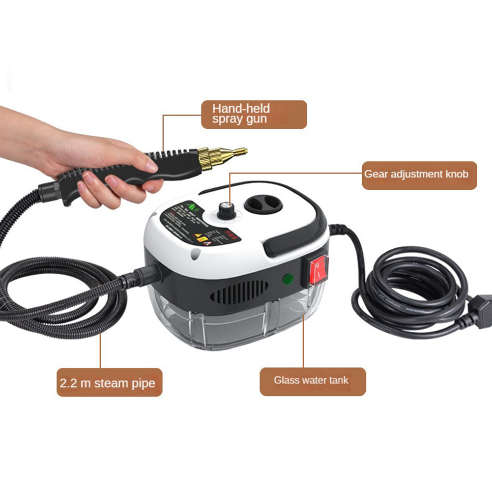 "Krachtige 2500W stoomreiniger, ideaal voor huis en auto, zilvergrijs design met ergonomisch handvat."