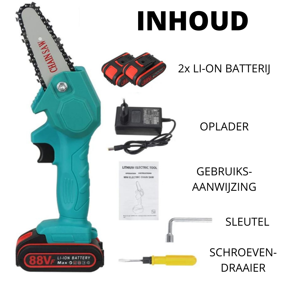 Compacte snoeizaag op accu voor efficiënt tuinonderhoud en houtzagen.