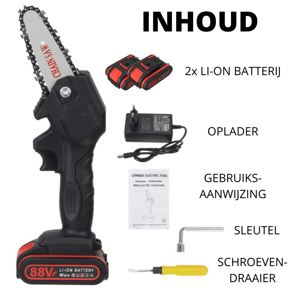 Elektrische kettingzaag met accu, perfect voor elke klus in de tuin.