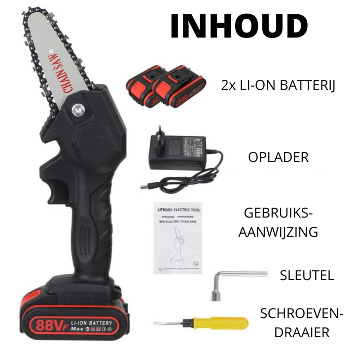 Elektrische kettingzaag met accu, perfect voor elke klus in de tuin.