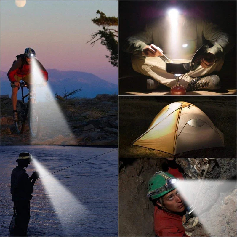 Waterdichte LED hoofdlamp met zoomfunctie, ideaal voor kamperen, wandelen en outdoor activiteiten.