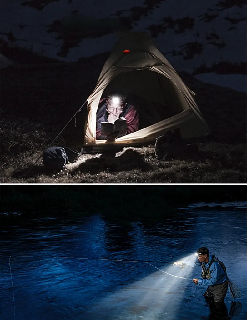 Oplaadbare LED koplamp, waterdicht en krachtig, perfect voor nachtvissen en avondwandelingen.