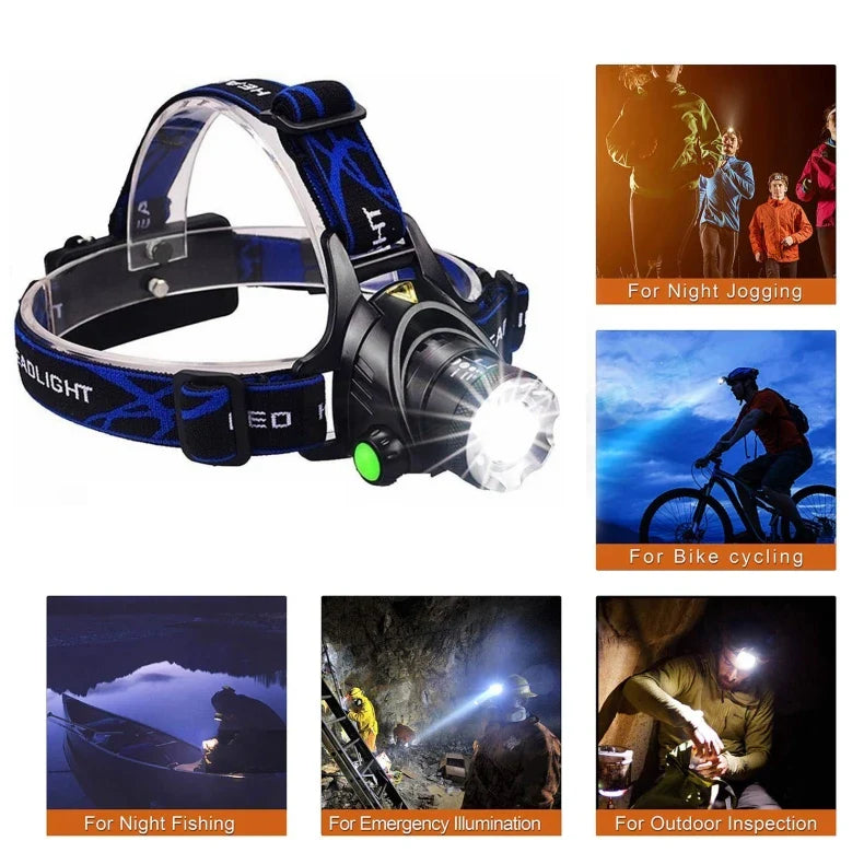 Duurzame LED hoofdlamp met verstelbare zoom en waterdicht ontwerp, essentieel voor buitengebruik.