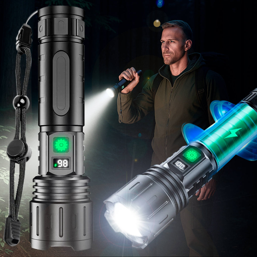 Krachtige LED zaklamp 100.000 lumen voor ultieme helderheid bij outdoor activiteiten en noodverlichting.