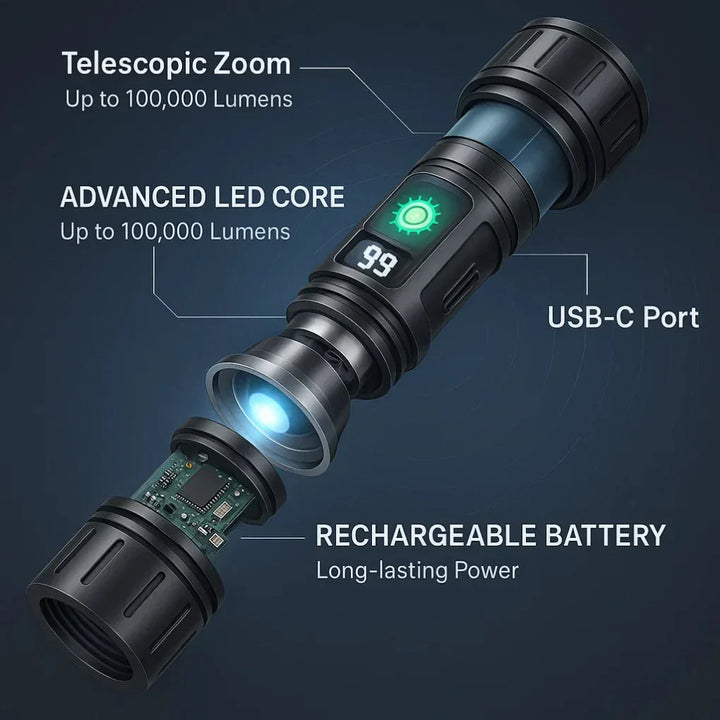 Oplaadbare tactische LED zaklamp 100.000 lumen, onmisbaar voor outdoor, wandelen en noodsituaties.