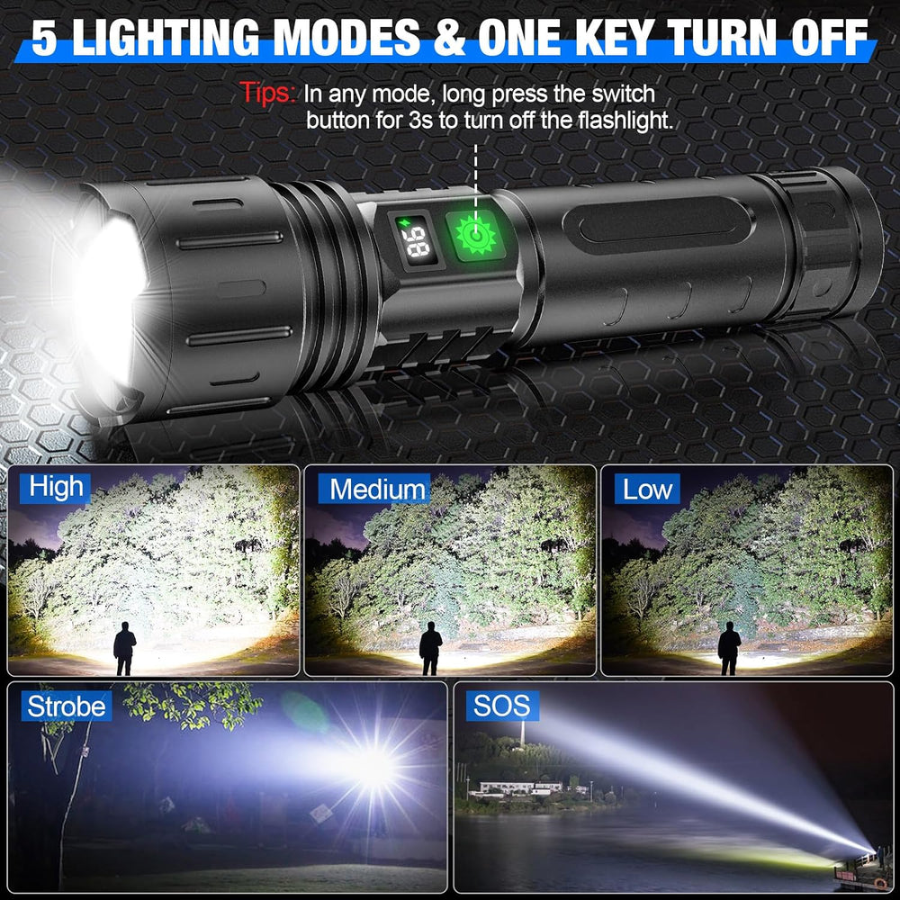 Oplaadbare, waterbestendige LED zaklamp met 100.000 lumen, ideaal voor kamperen en wandelen.
