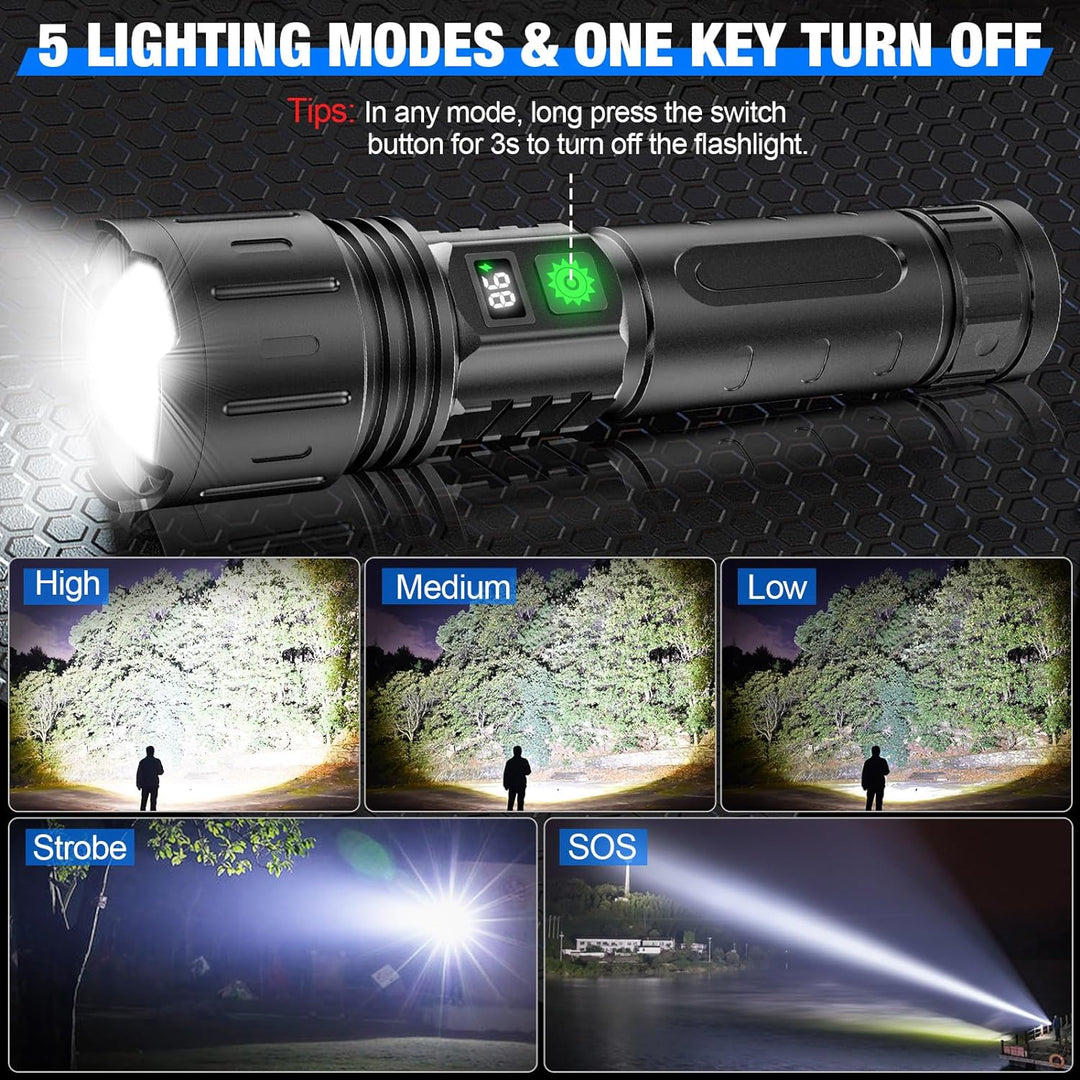 Oplaadbare, waterbestendige LED zaklamp met 100.000 lumen, ideaal voor kamperen en wandelen.