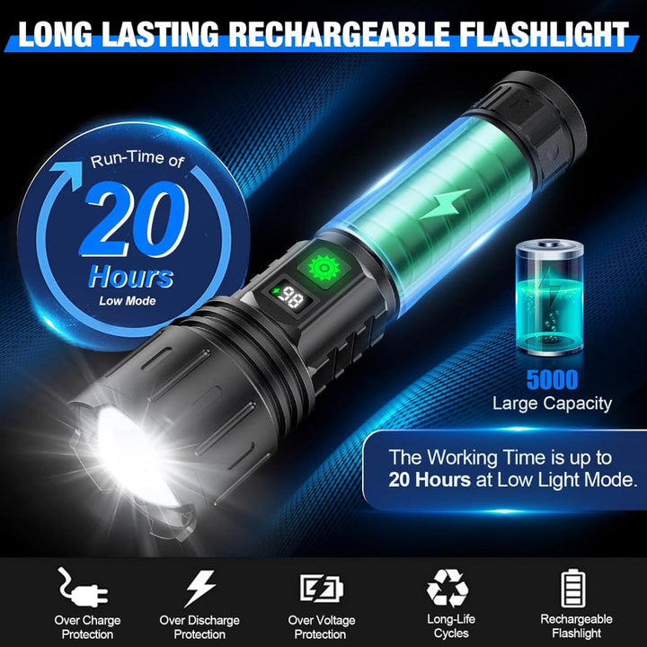 Heldere LED zaklamp 100.000 lumen, essentieel voor kamperen, wandelen en als noodverlichting.