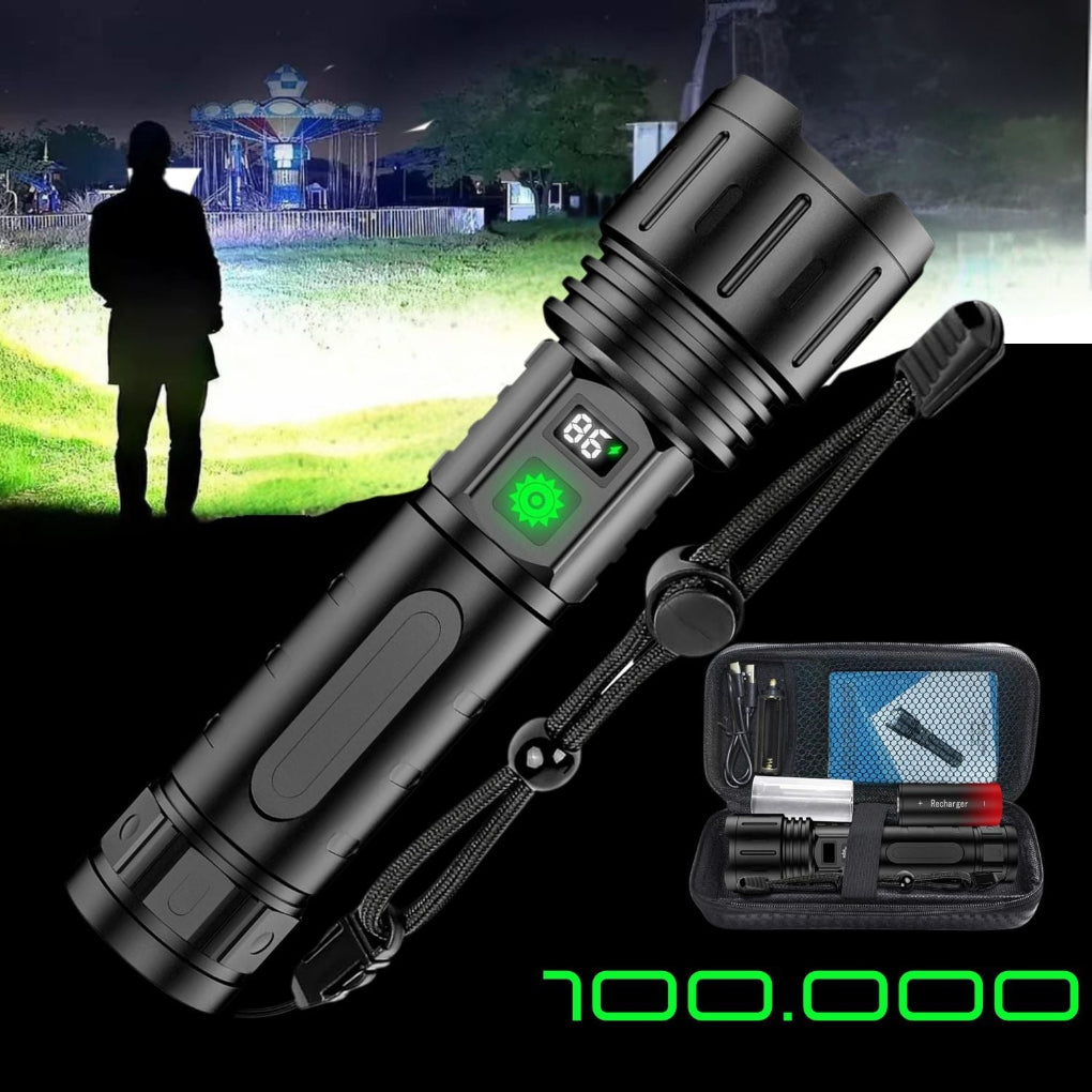 Ultieme helderheid met deze 100.000 lumen LED zaklamp, perfect voor outdoor en noodverlichting.