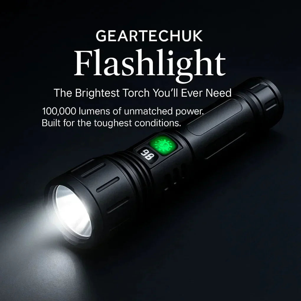 Robuuste waterbestendige LED zaklamp 100.000 lumen voor outdoor, kamperen en noodverlichting.