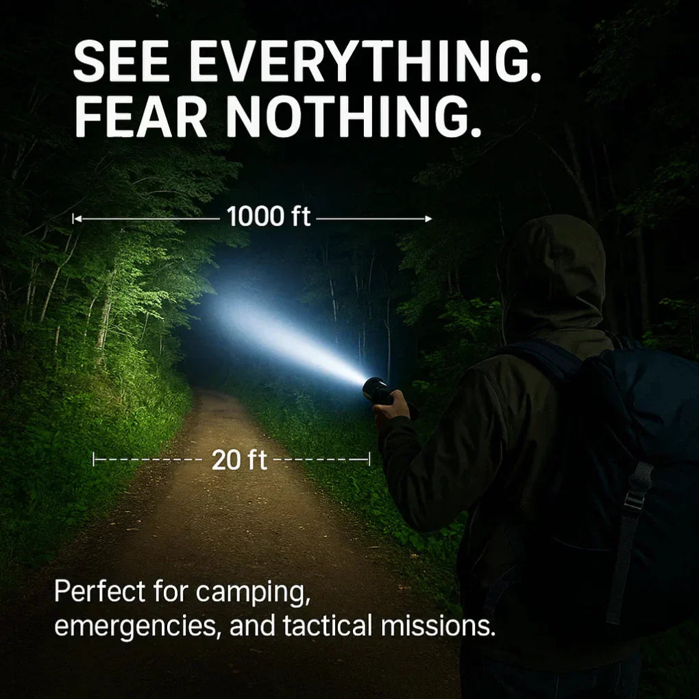 Verlicht de duisternis met deze krachtige 100.000 lumen LED zaklamp, ideaal voor outdoor gebruik.