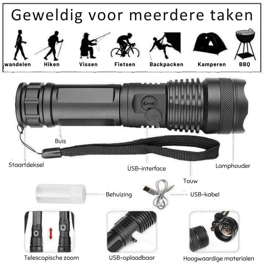 90.000 lumen bundel van de XHP50.2 zaklamp snijdt door de duisternis tijdens buitenactiviteiten.