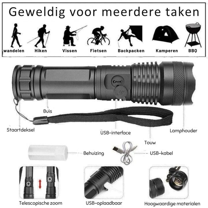 90.000 lumen bundel van de XHP50.2 zaklamp snijdt door de duisternis tijdens buitenactiviteiten.