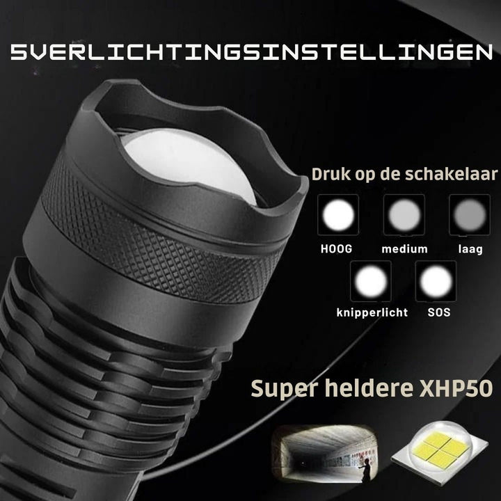 Ergonomisch ontworpen zaklamp XHP50.2 voor comfortabele grip tijdens kamperen en survival.