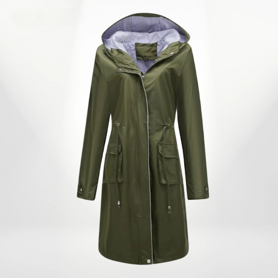 Praktische dames capuchonjas, lange anorak voor koelere dagen. Comfortabele en modieuze outdoor kleding.